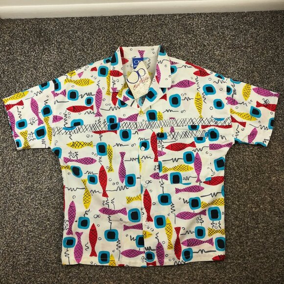 NWT Vintage OP Ocean Pacific Shirt All Over Fish Print Camp Mens Large USA Made - Picture 1 of 8